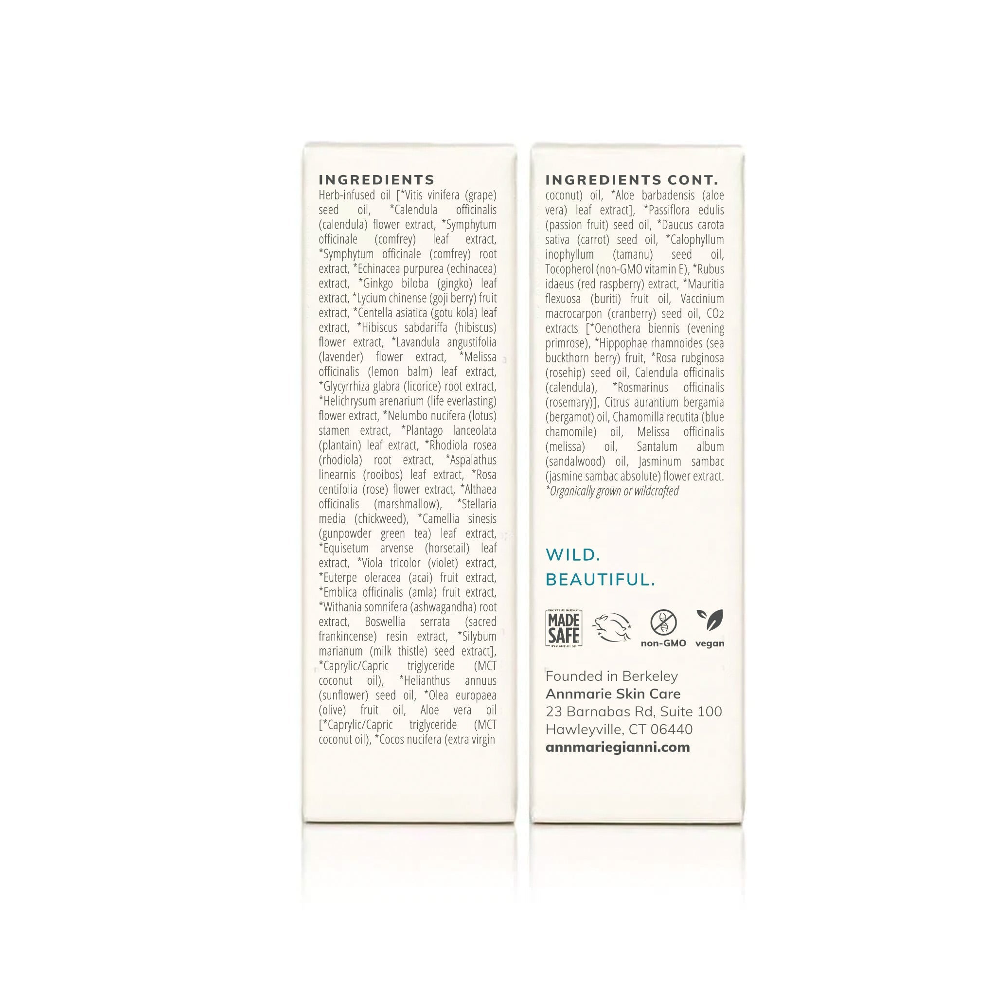 List Annmarie Skin Care's natural, non-GMO ingredients, including herb-infused oils, plant extracts, and essential oils, promoting their wildcrafted and organically grown skincare.
