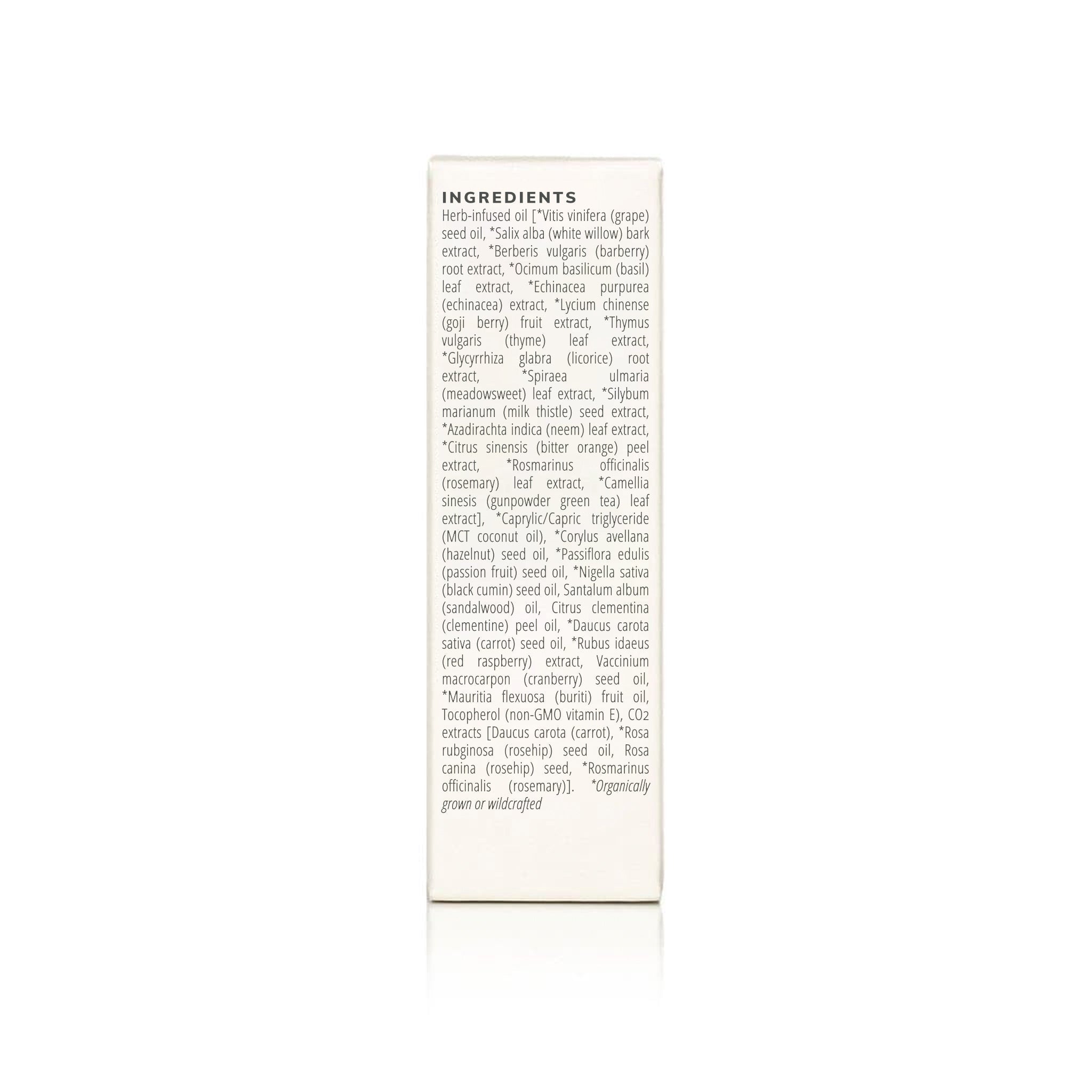 List of ingredients details the organic and wildcrafted components of the natural skincare product.

