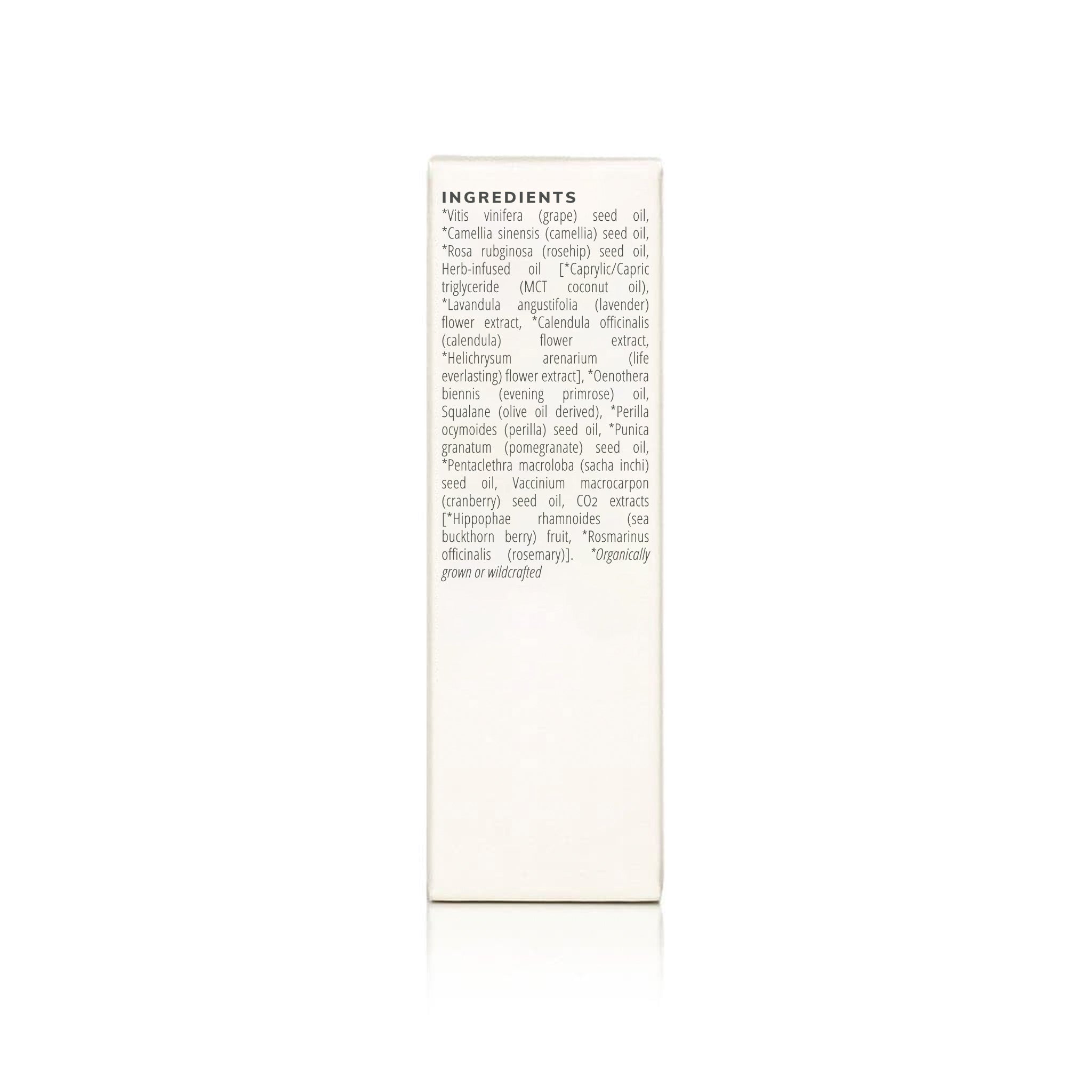 Close-up shows the skincare product ingredients list, featuring grape seed oil, camellia, rosehip, lavender, and pomegranate, emphasizing organic and natural beauty.
