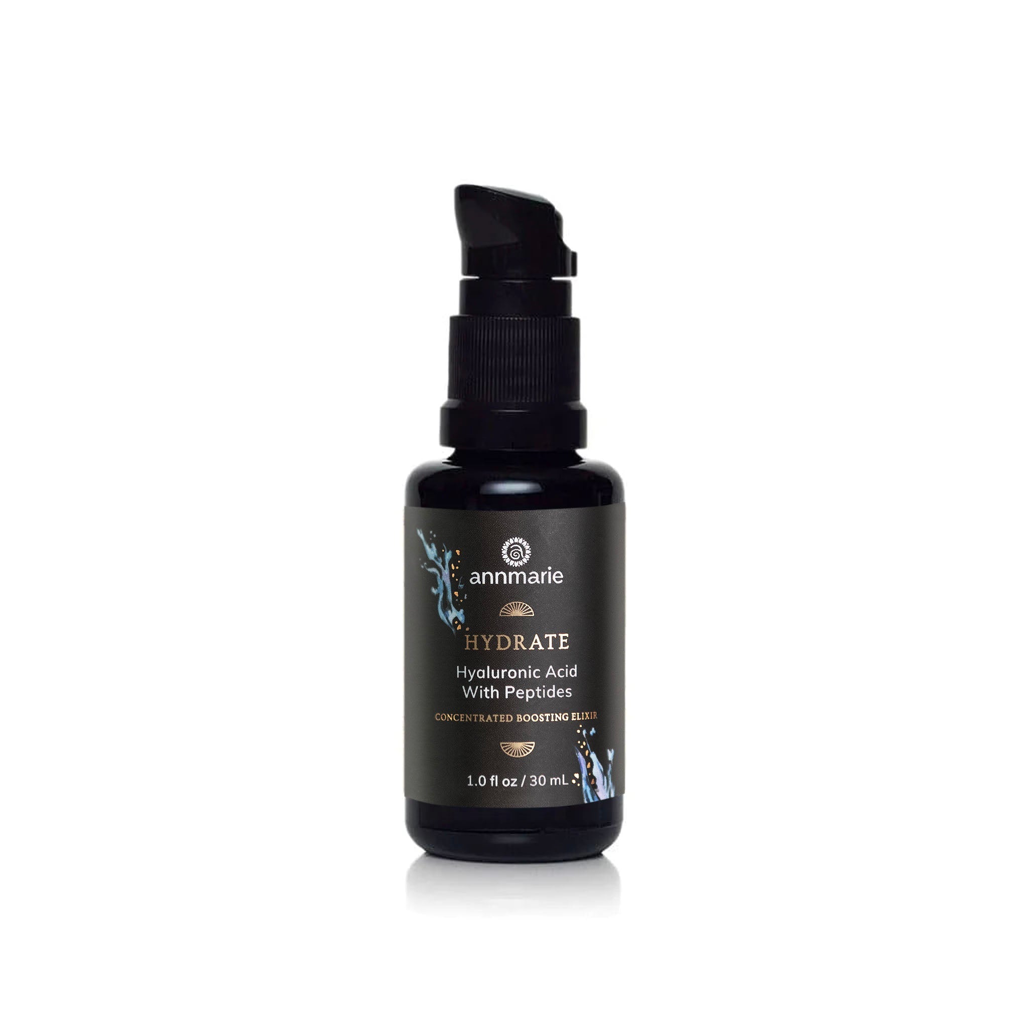 Annmarie's black bottle displays "HYDRATE Hyaluronic Acid With Peptides," a concentrated boosting elixir, on a white background.
