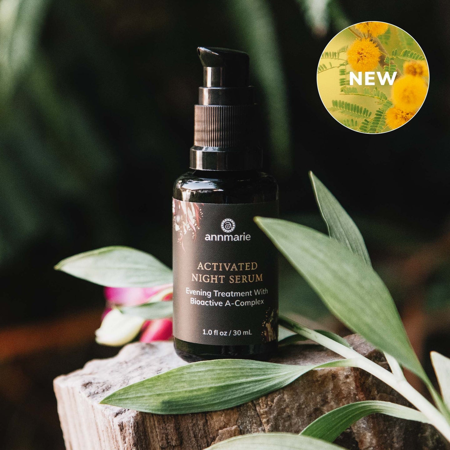 Annmarie Activated Night Serum sits among greenery promoting its new evening treatment.

