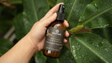 Hand holds a bottle of annmarie Palo Santo Hair & Body Mist against a backdrop of lush, wet green leaves.
