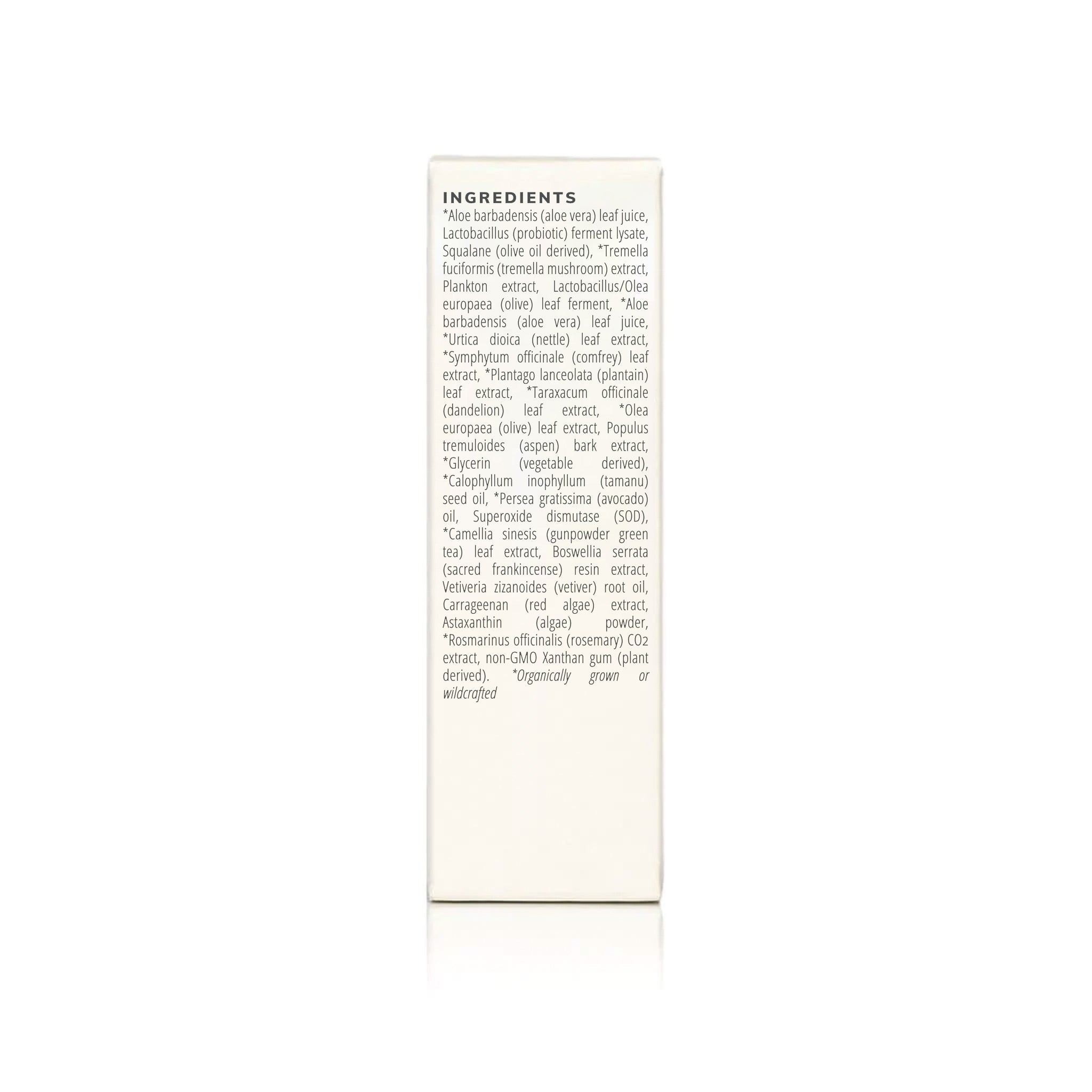 View the product ingredient list featuring aloe vera, probiotic ferments, mushroom extract, and organic botanicals.

