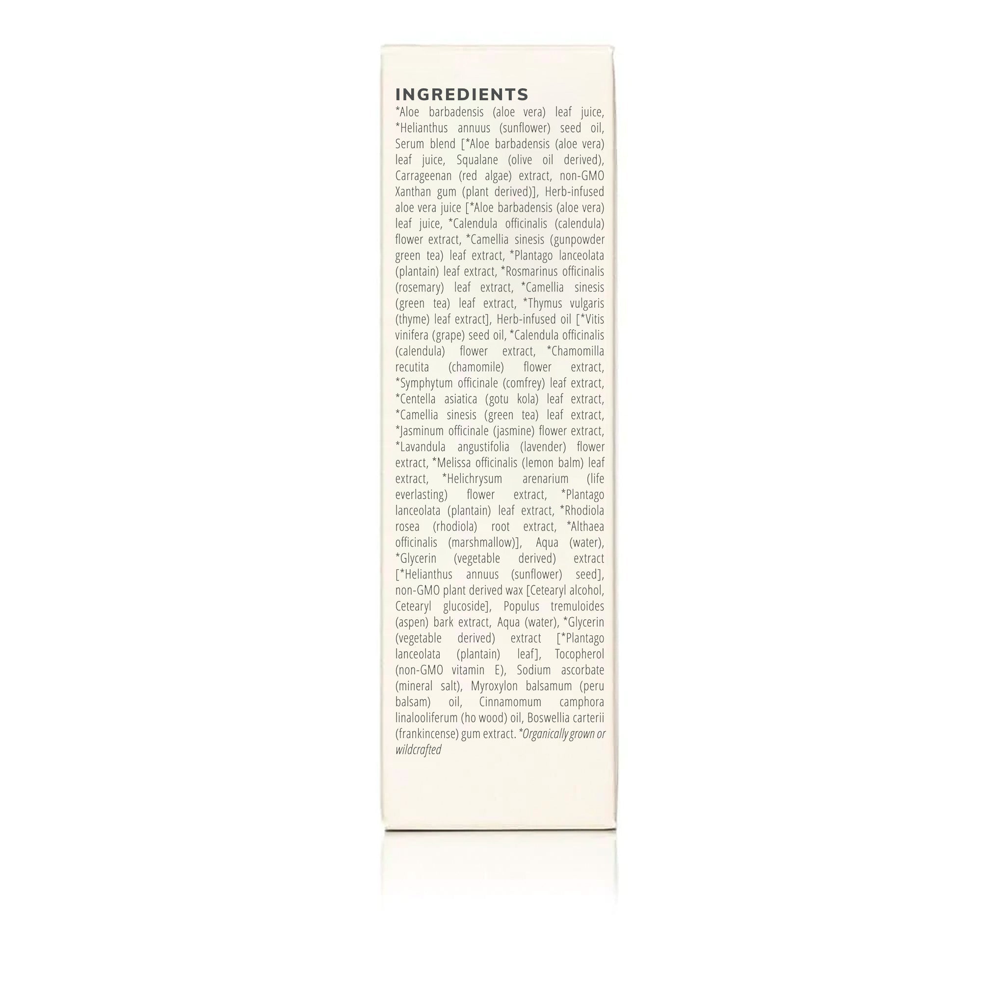 A product label lists the natural ingredients in skincare, including aloe vera, sunflower oil, green tea, and frankincense.
