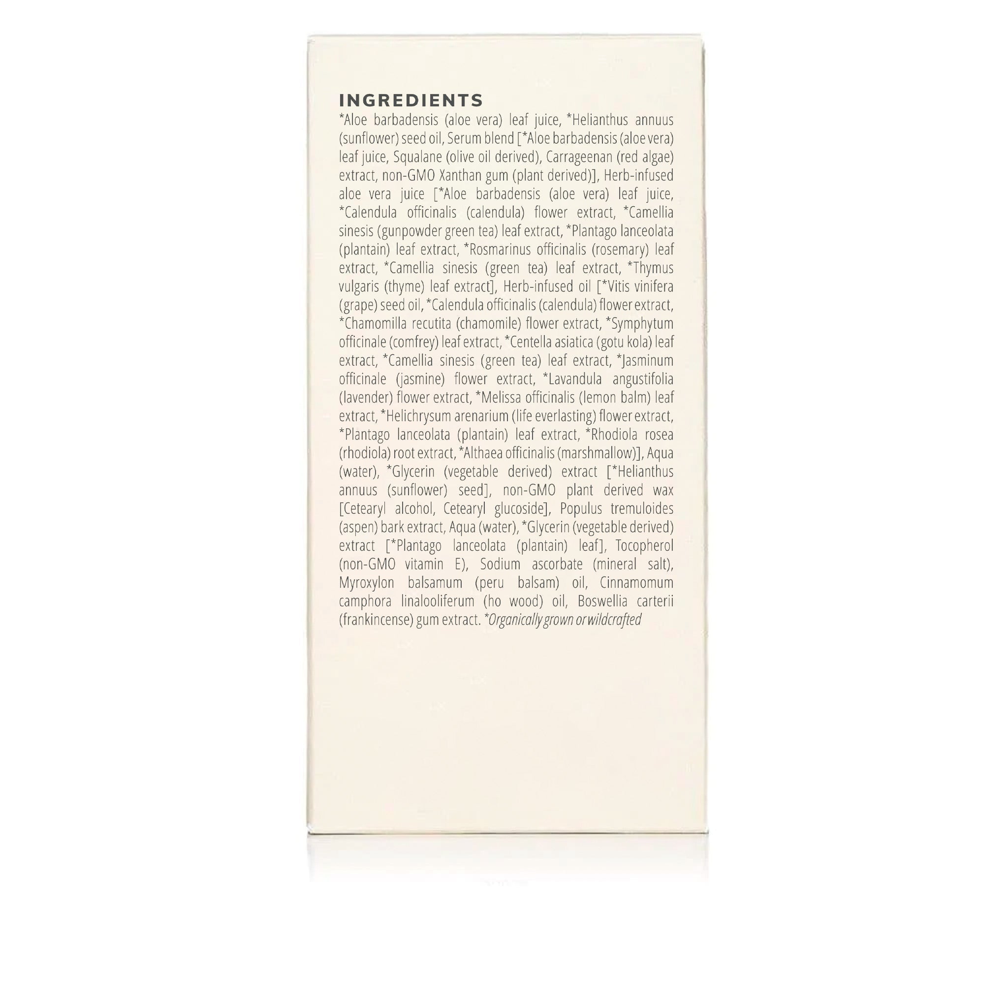 Close-up displays the skincare product's ingredient list, highlighting aloe vera, green tea, and plant-based extracts for a natural beauty formulation.
