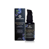 Annmarie Rejuvenating Facial Oil with butterfly pea flower, a luxury elixir for all skin types, sits beside its product box.

