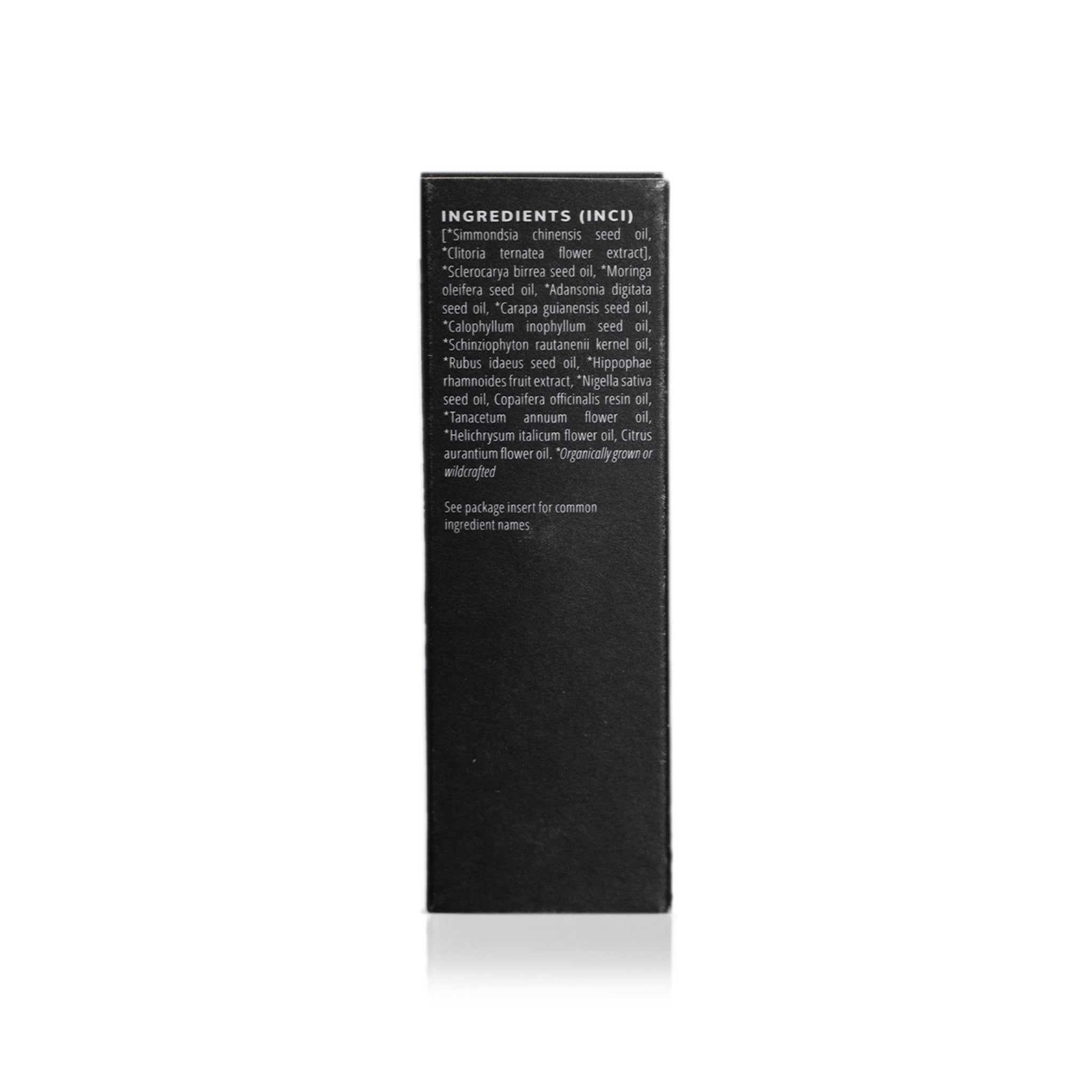 A skincare product label lists ingredients including Simmondsia chinensis seed oil, Clitoria ternatea flower extract, and organically grown oils.
