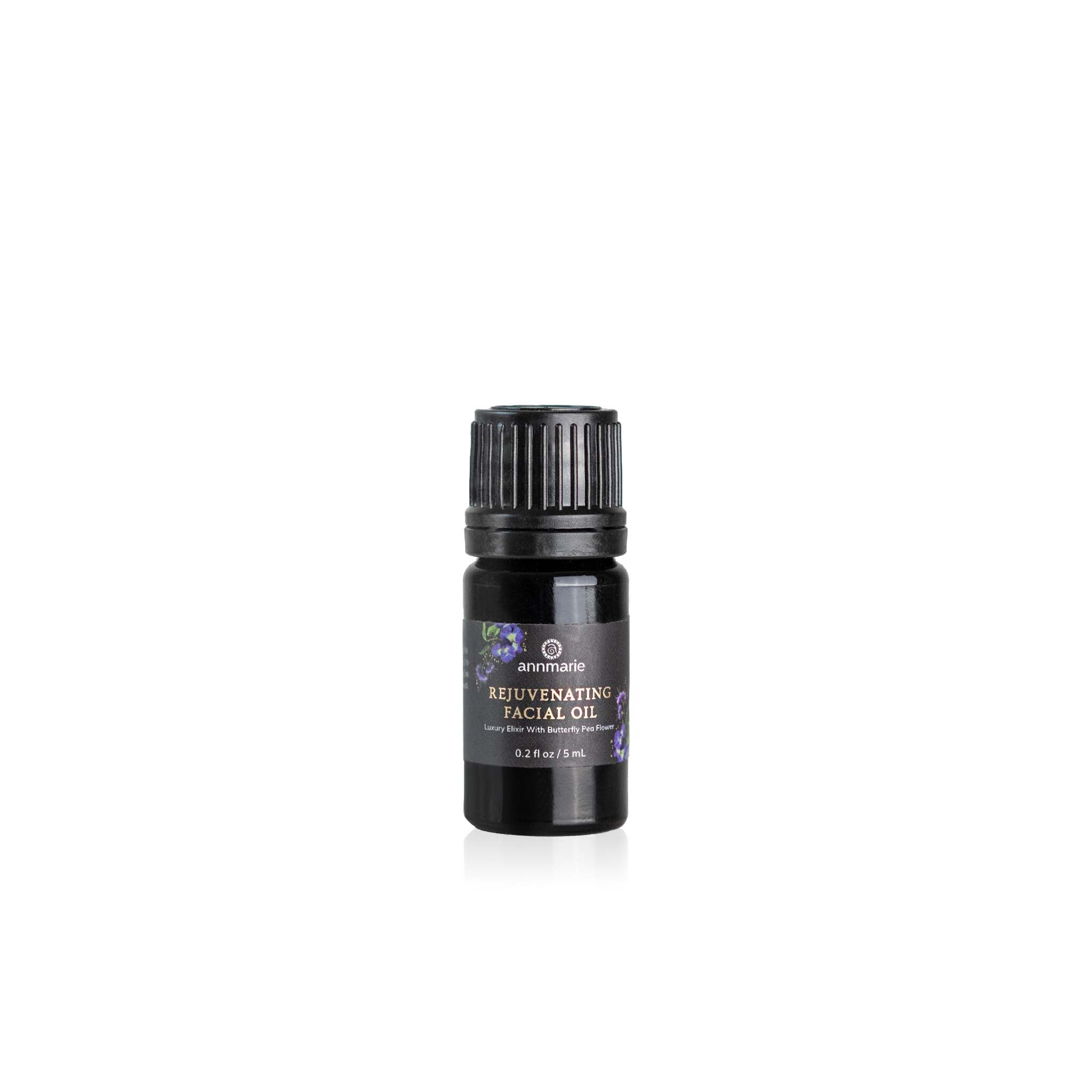 Annmarie's rejuvenating facial oil bottle showcases its luxury elixir infused with butterfly pea flower.
