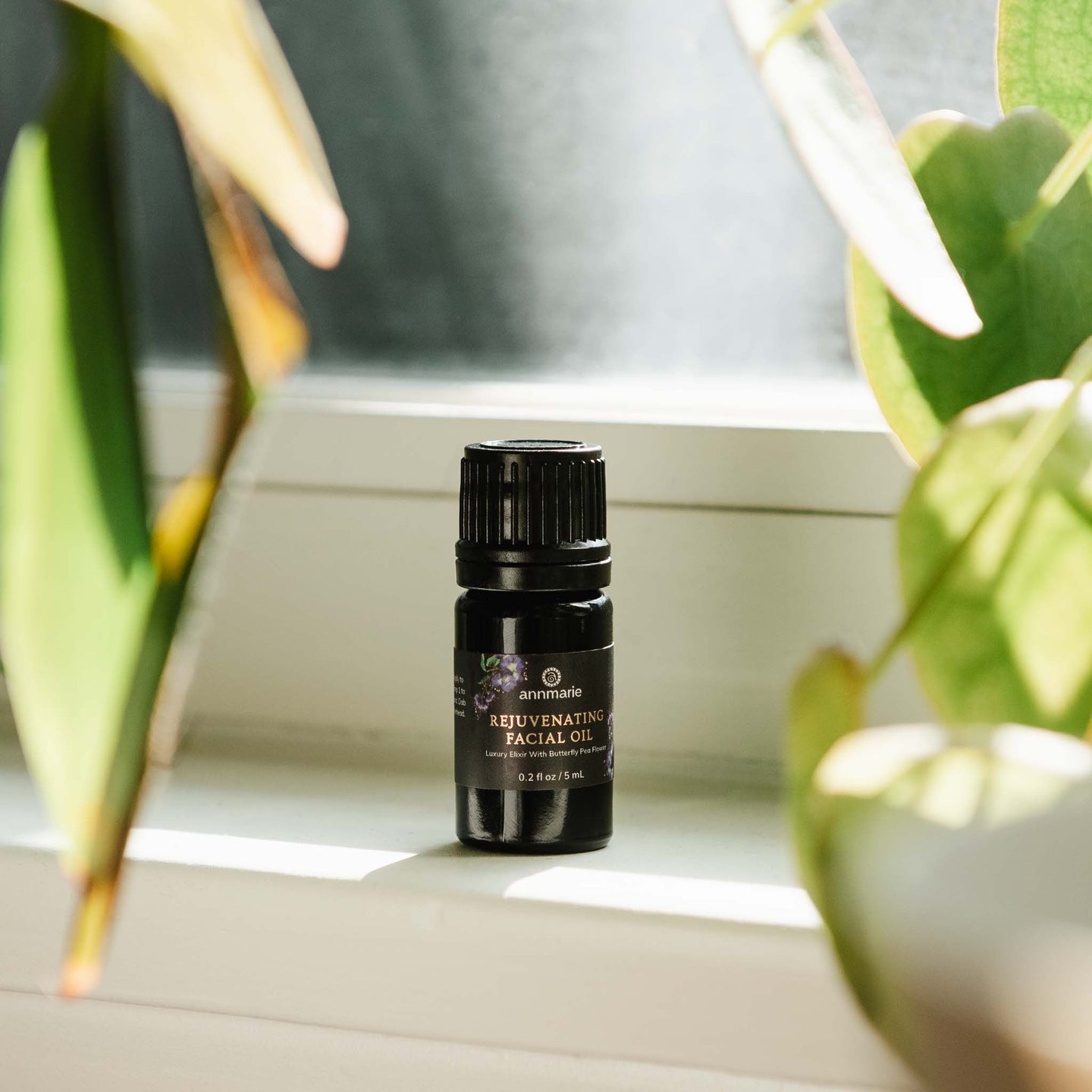 Annmarie Rejuvenating Facial Oil bottle sits on a windowsill surrounded by plants.
