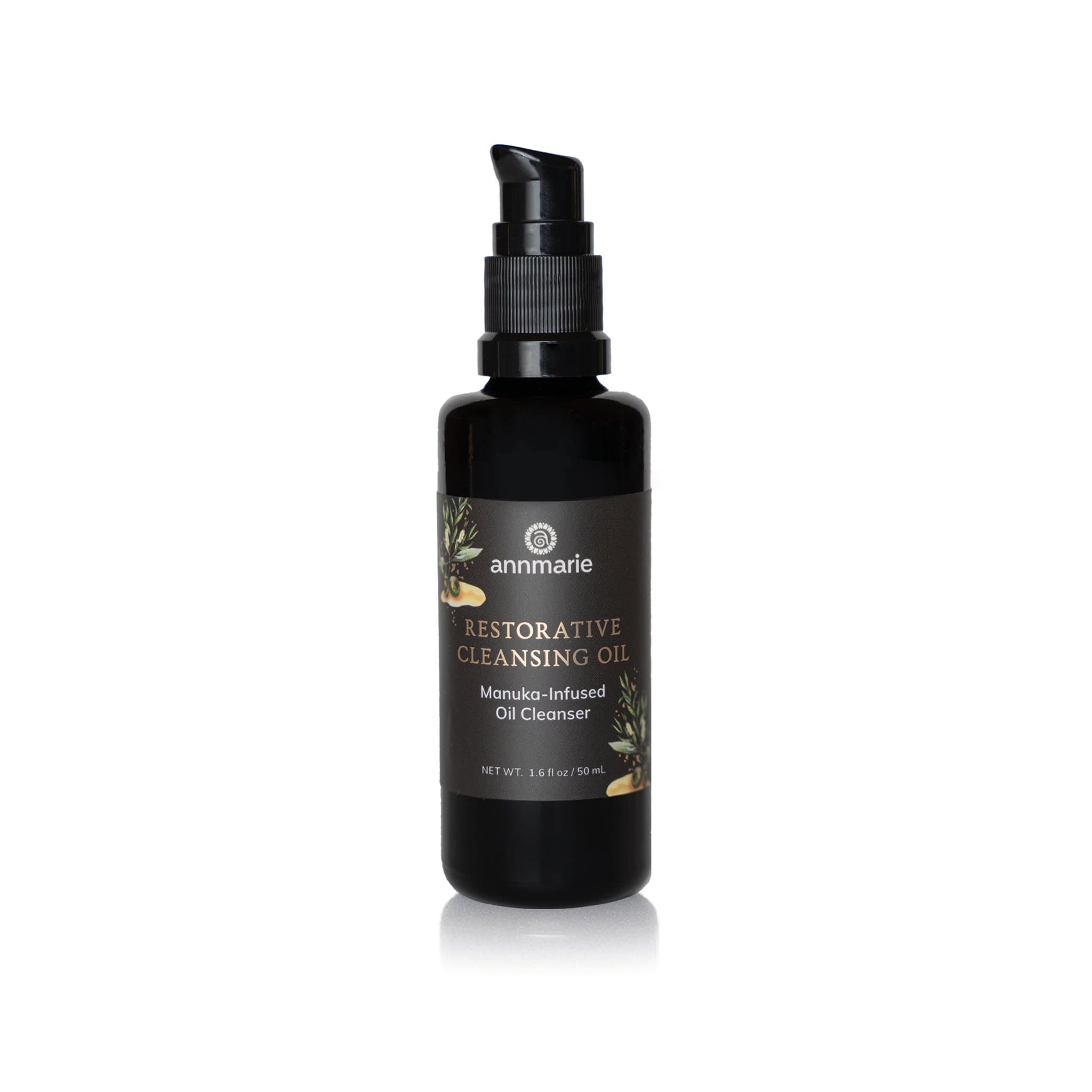 Annmarie's Restorative Cleansing Oil in a black bottle features manuka-infused ingredients for gentle face cleansing.
