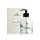 Annmarie's rosemary peppermint body wash sits next to its packaging, showcasing the natural skincare brand.
