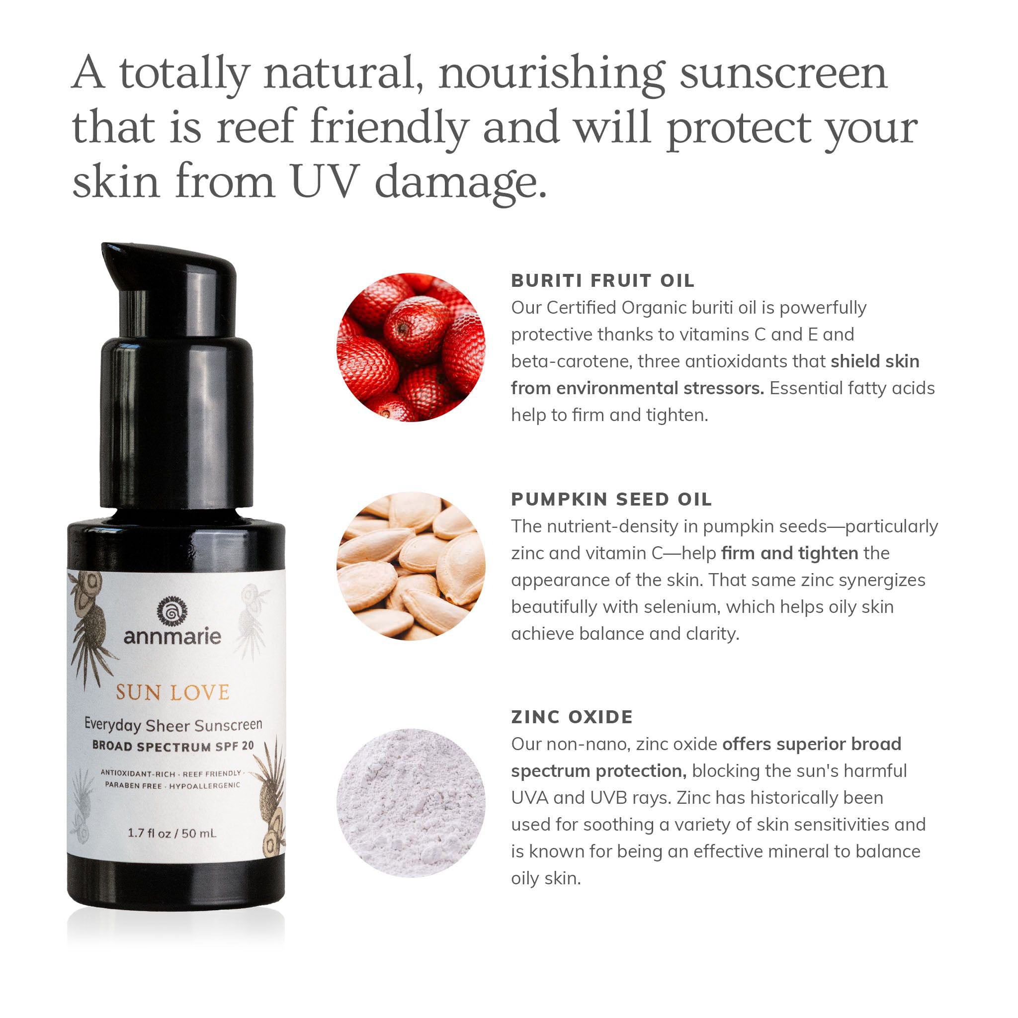 Annmarie Sun Love sunscreen, enriched with buriti fruit oil, pumpkin seed oil, and zinc oxide, protects skin from UV damage.
