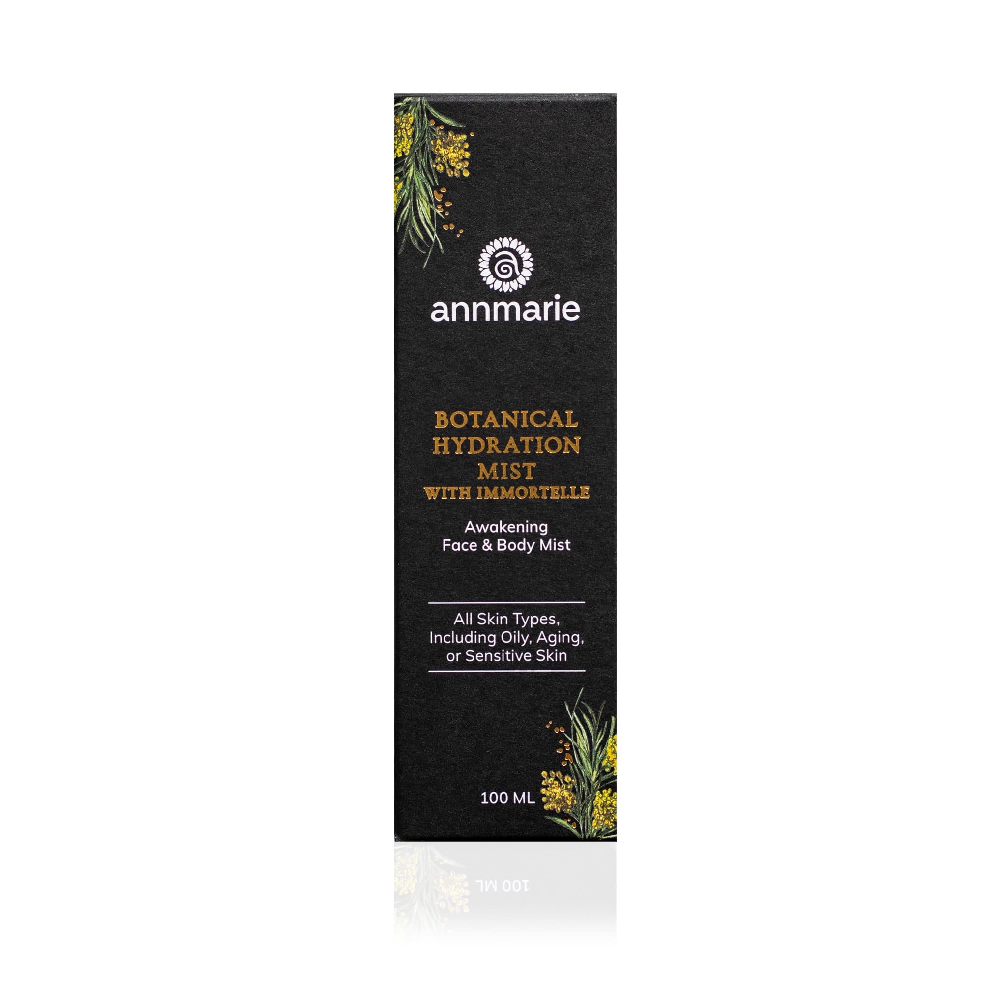 Annmarie's Botanical Hydration Mist packaging showcases a face and body mist with immortelle for all skin types.
