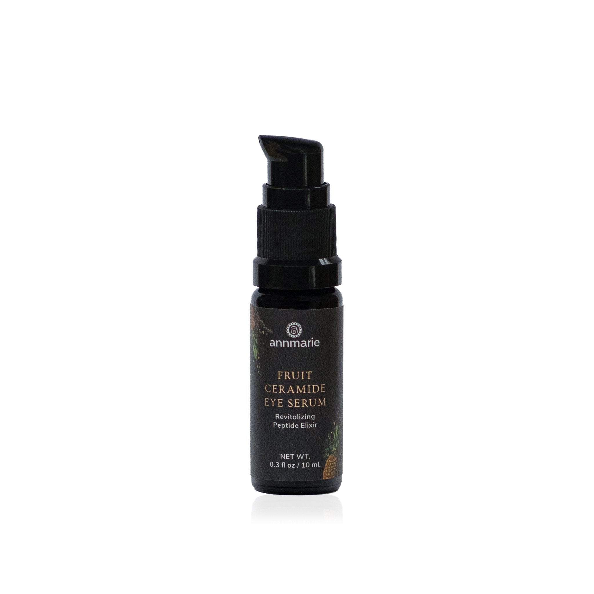 Annmarie's Fruit Ceramide Eye Serum in a black pump bottle promises revitalizing peptide elixir for the eyes.

