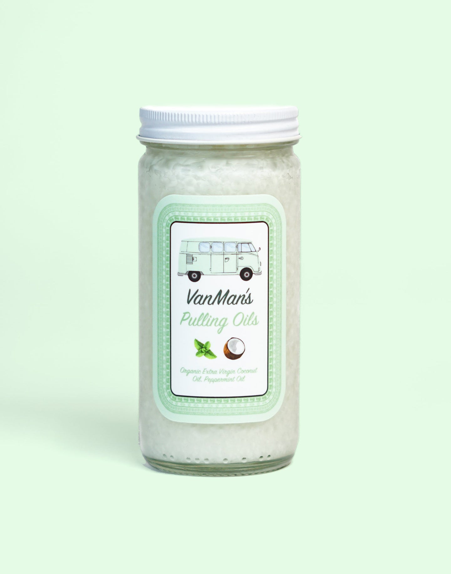 VanMan's Pulling Oils, a jar of organic extra virgin coconut and peppermint oil, features a vintage van illustration.
