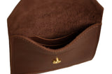 Close-up showcases the luxurious interior of an open brown leather card holder wallet with a gold snap closure.
