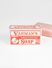 Displaying a box and bar of Vanman's Tallow & Coconut Soap, showcasing the retro branding.
