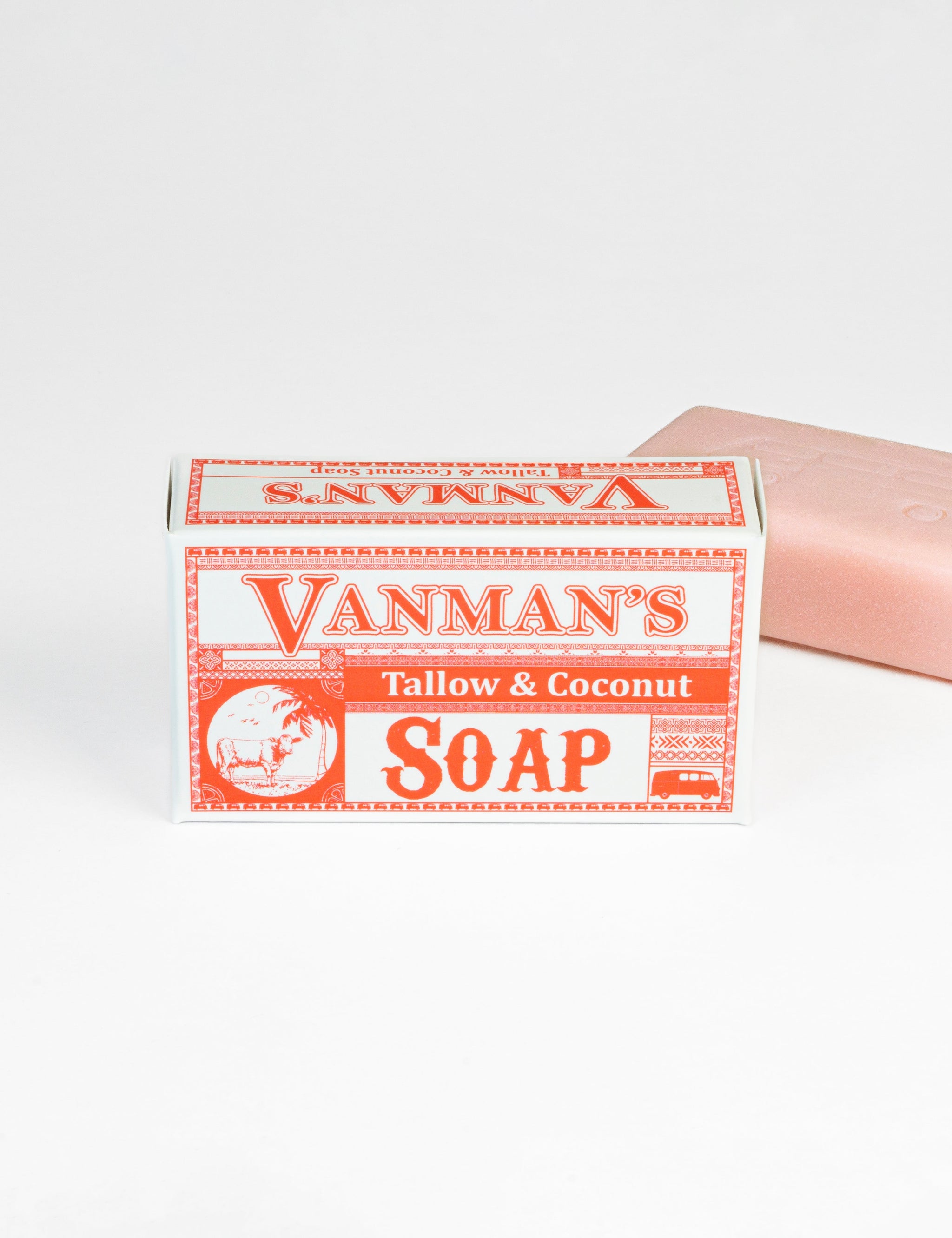 Displaying a box and bar of Vanman's Tallow & Coconut Soap, showcasing the retro branding.
