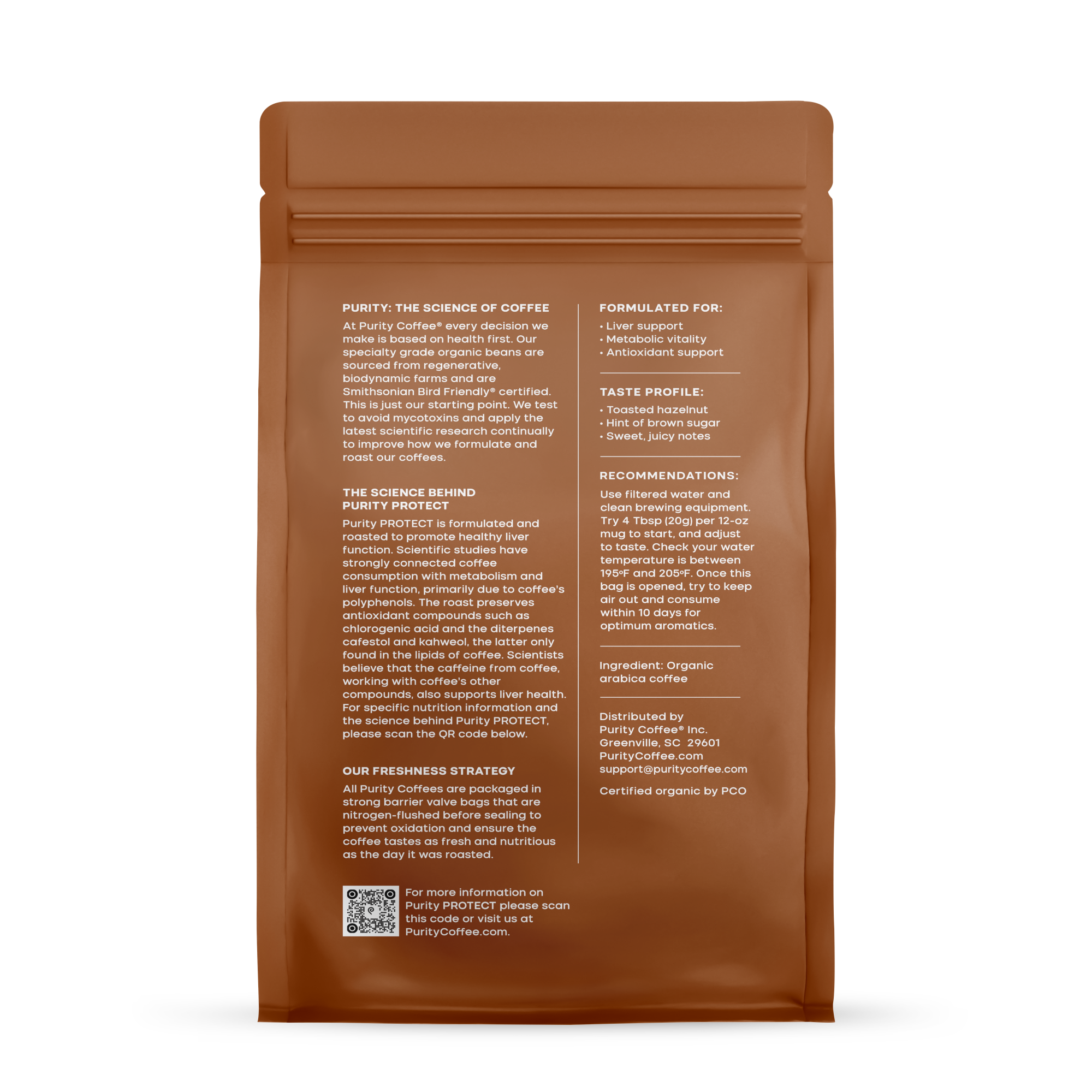 Purity Coffee's organic arabica beans in a sealed bag provide liver support and antioxidant benefits while offering a toasted hazelnut taste profile.
