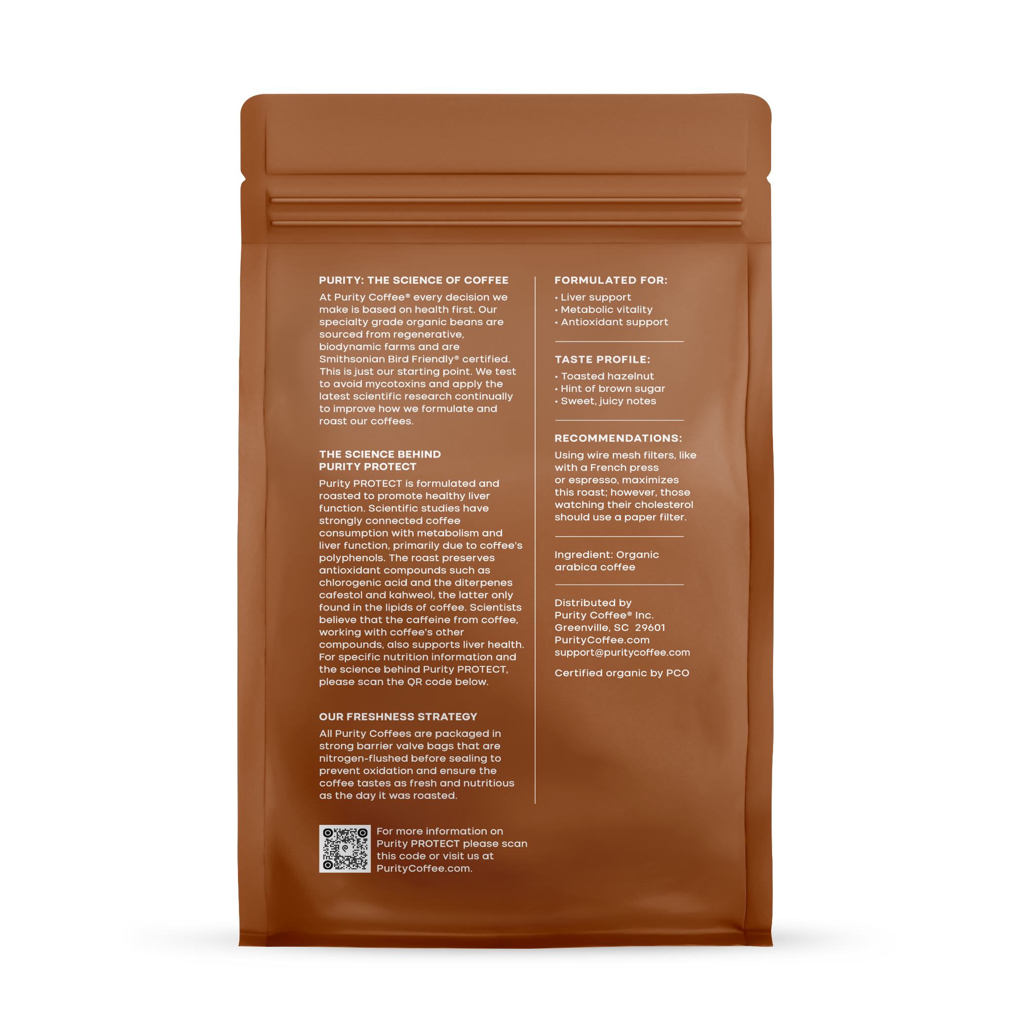 Purity Coffee advertises its organic arabica coffee beans in a nitrogen-flushed bag for freshness, highlighting liver support, metabolic vitality, and a toasted hazelnut taste profile.
