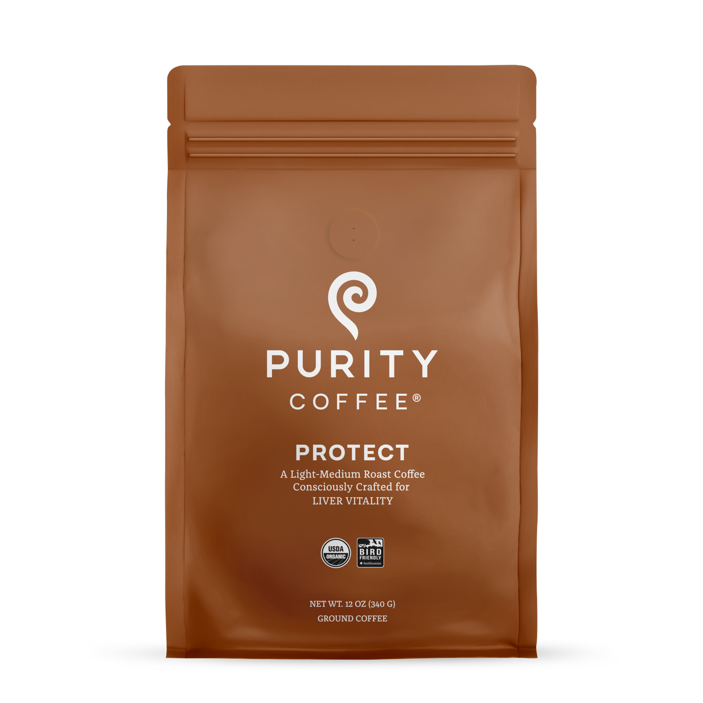 Purity Coffee displays its Protect light-medium roast, USDA Organic, and Bird Friendly ground coffee in a brown bag.
