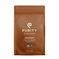 Purity Coffee displays its Protect light-medium roast, USDA Organic, and Bird Friendly ground coffee in a brown bag.
