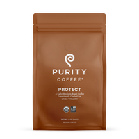 Purity Coffee displays its Protect light-medium roast, USDA Organic, and Bird Friendly ground coffee in a brown bag.
