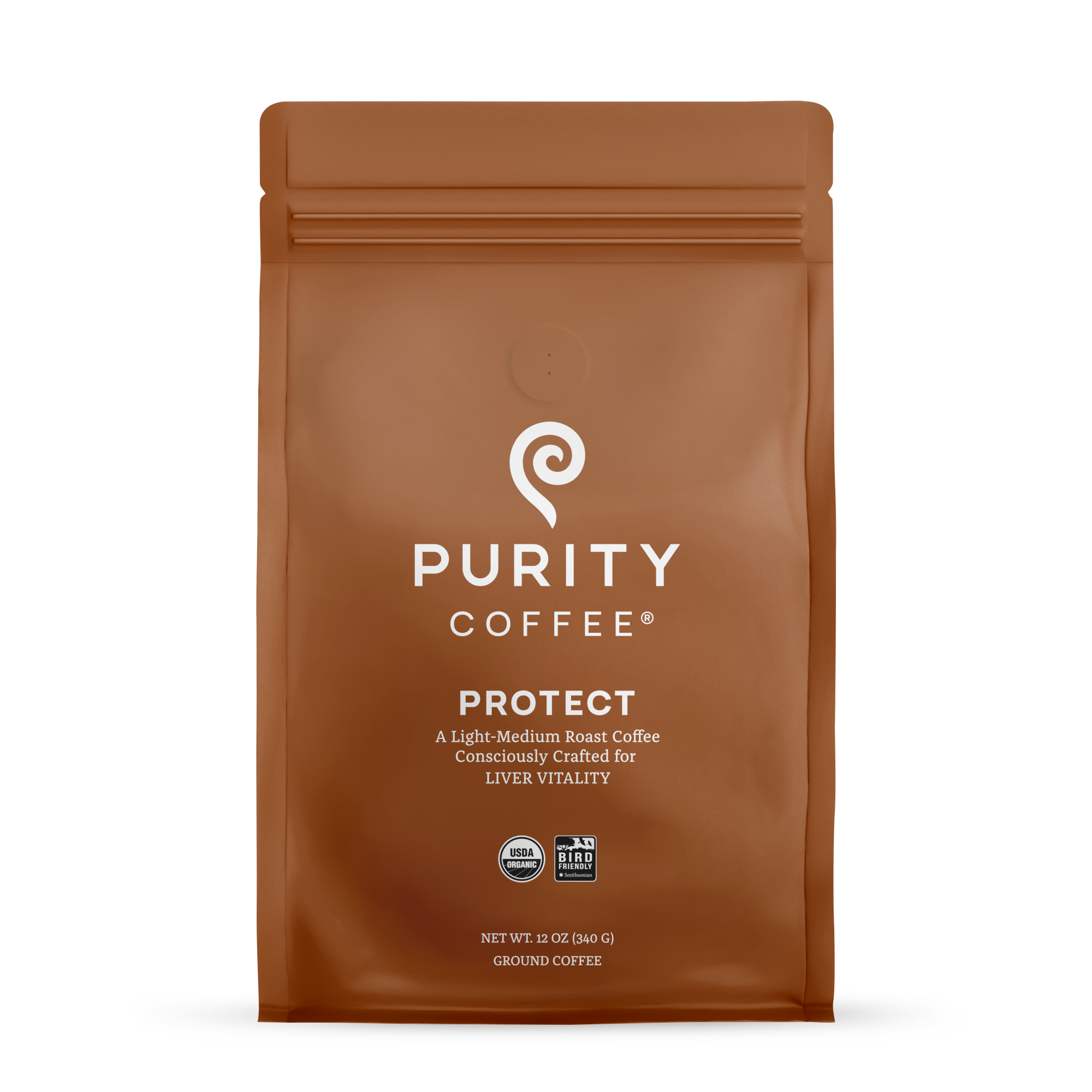 Purity Coffee displays its Protect light-medium roast, USDA Organic, and Bird Friendly ground coffee in a brown bag.
