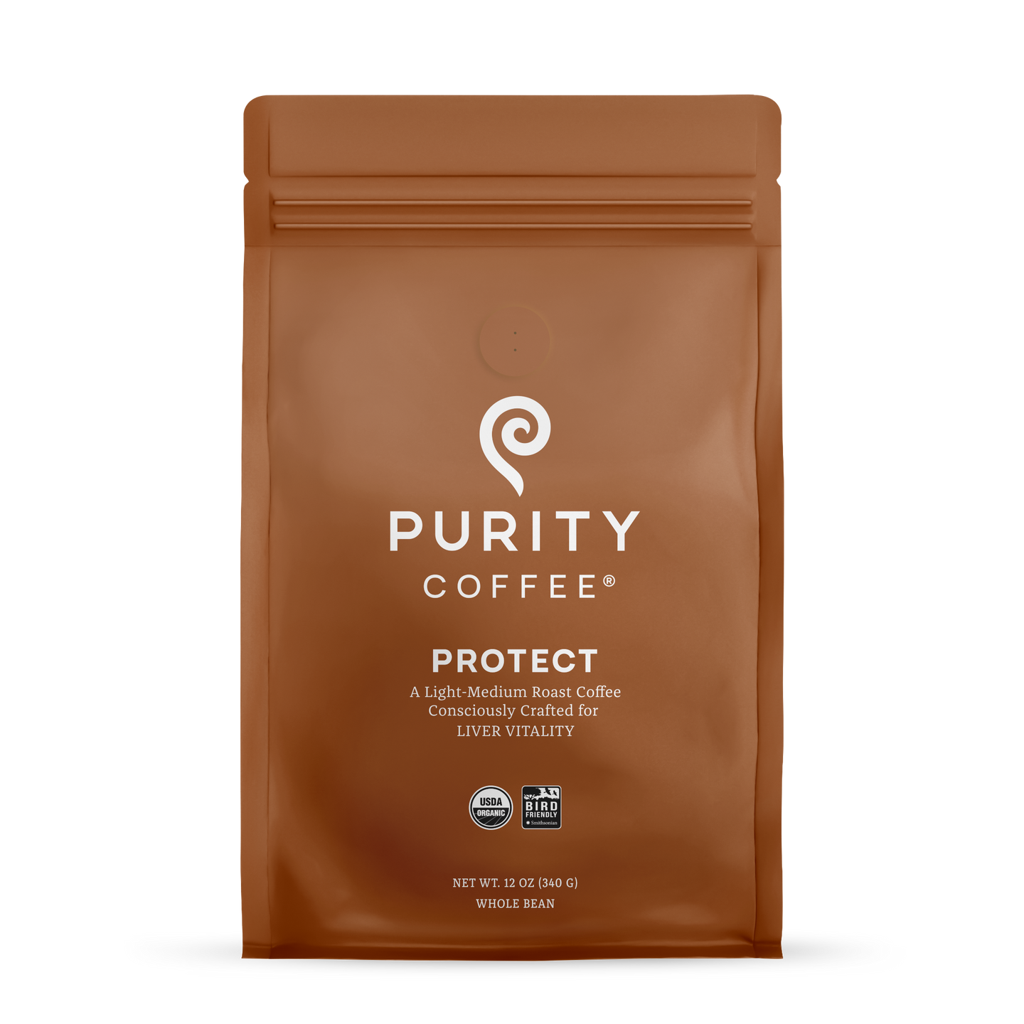 Purity Coffee displays its Protect light-medium roast whole bean coffee in an organic USDA certified and Bird Friendly sealed brown bag.
