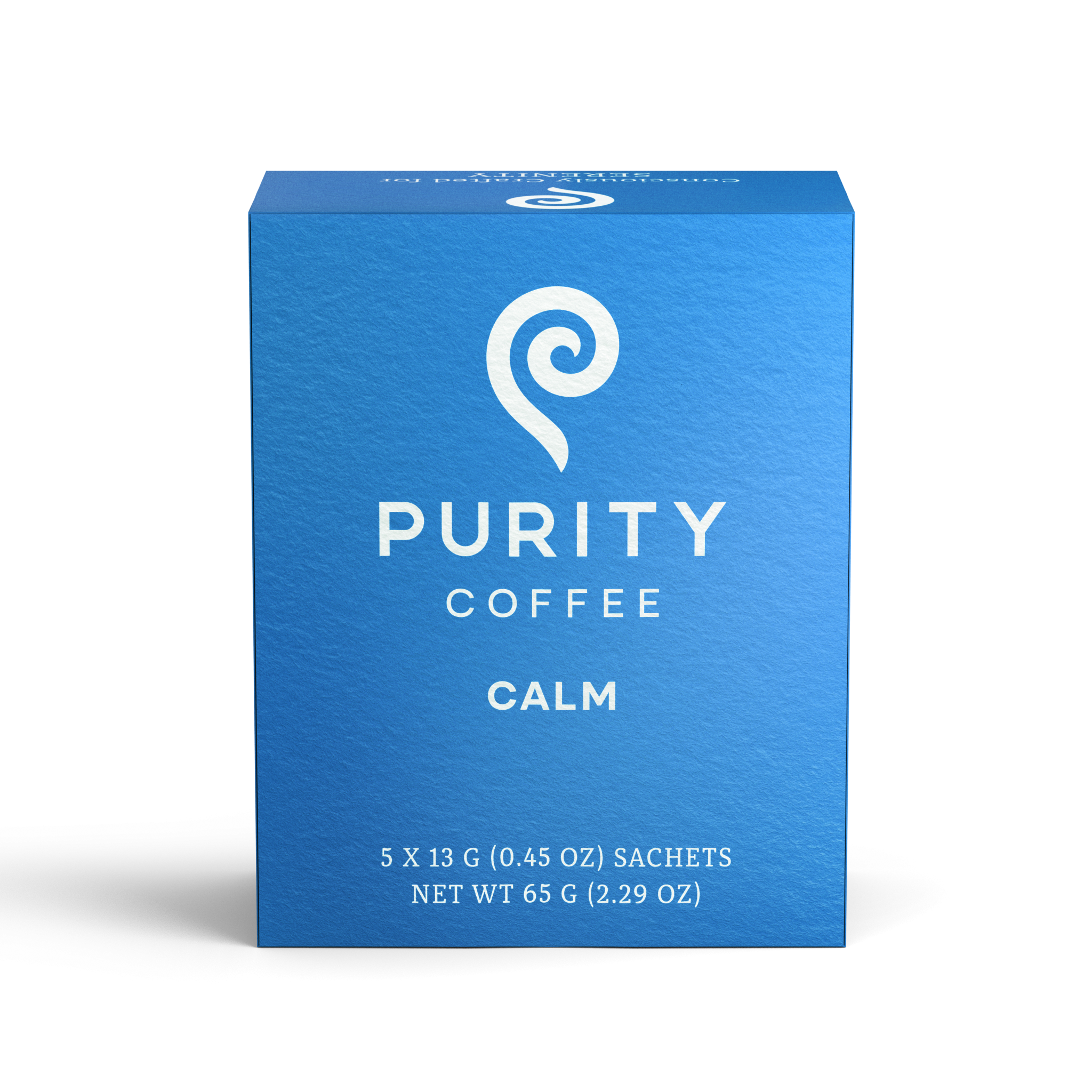 Showcases a blue box of Purity Coffee Calm, highlighting its brand and the product's calming properties.