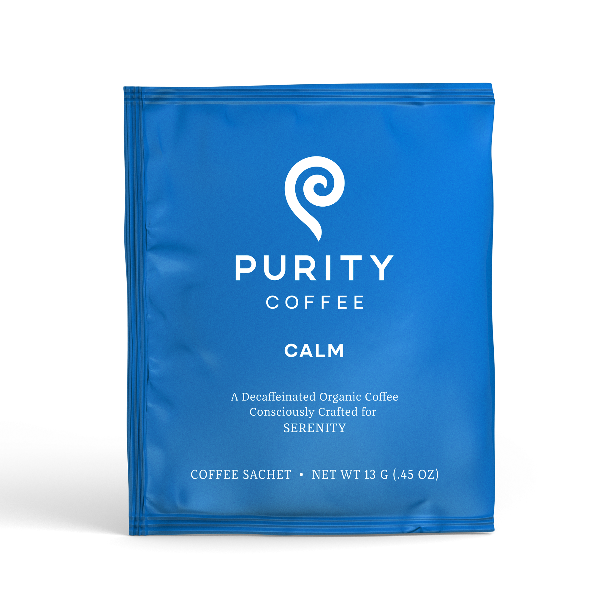 Purity Coffee presents its Calm blend in a blue sachet of decaffeinated organic coffee crafted for serenity.
