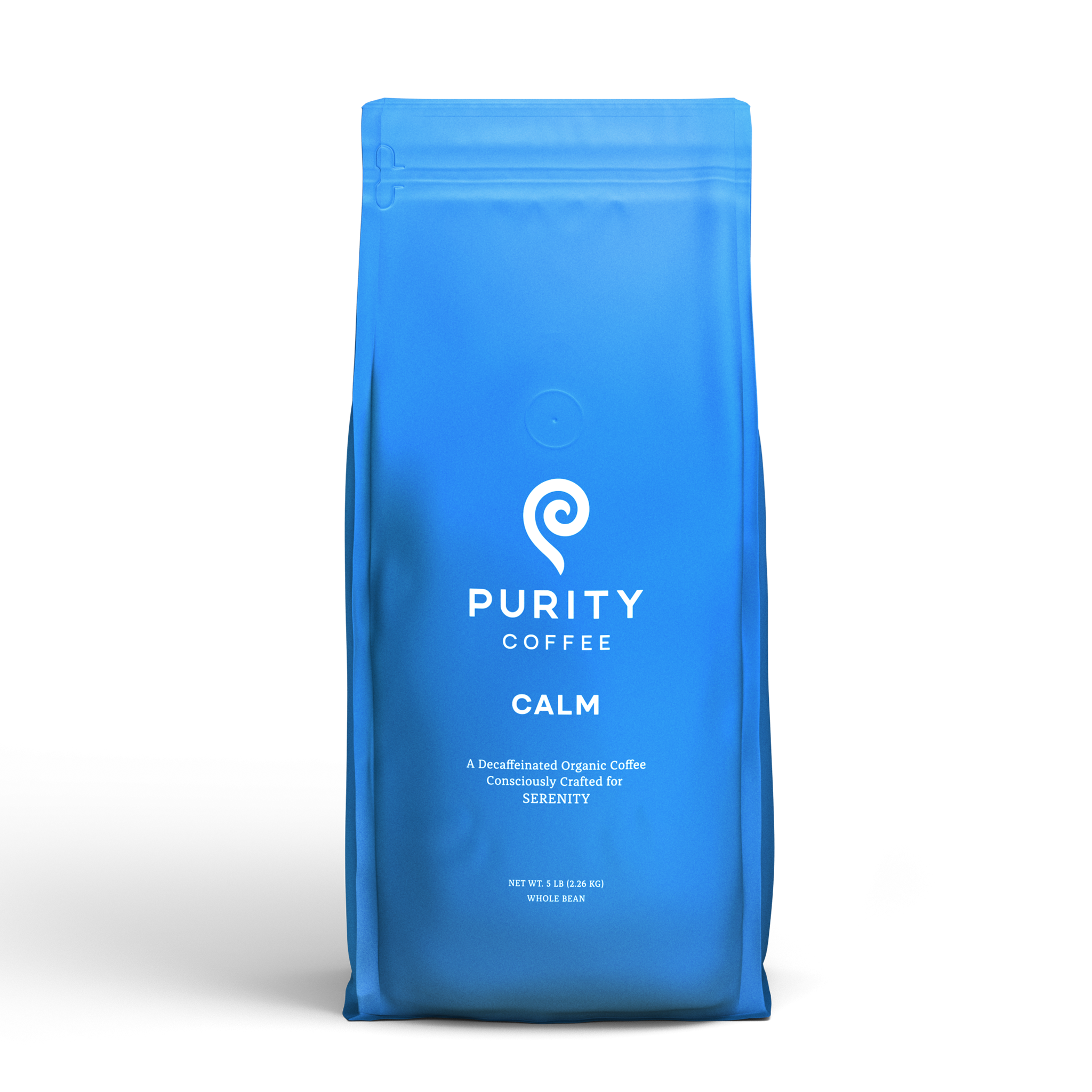 Purity Coffee displays their Calm blend of decaffeinated organic whole bean coffee in a blue bag.
