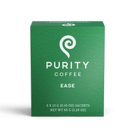 View a package of Purity Coffee Ease, featuring a green box with white text and a spiral logo.
