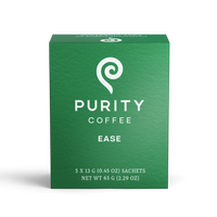 View a package of Purity Coffee Ease, featuring a green box with white text and a spiral logo.
