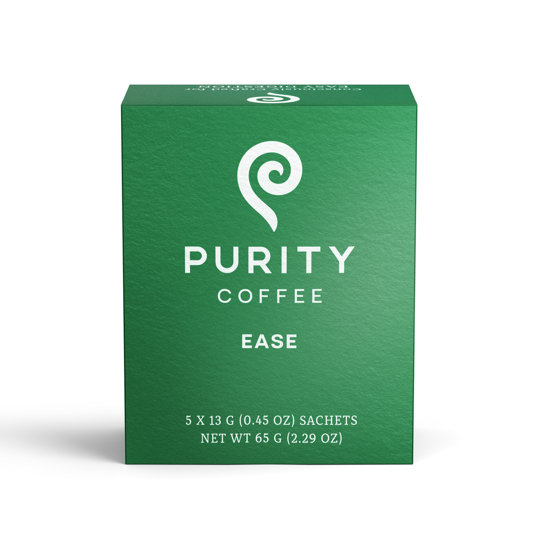 View a package of Purity Coffee Ease, featuring a green box with white text and a spiral logo.
