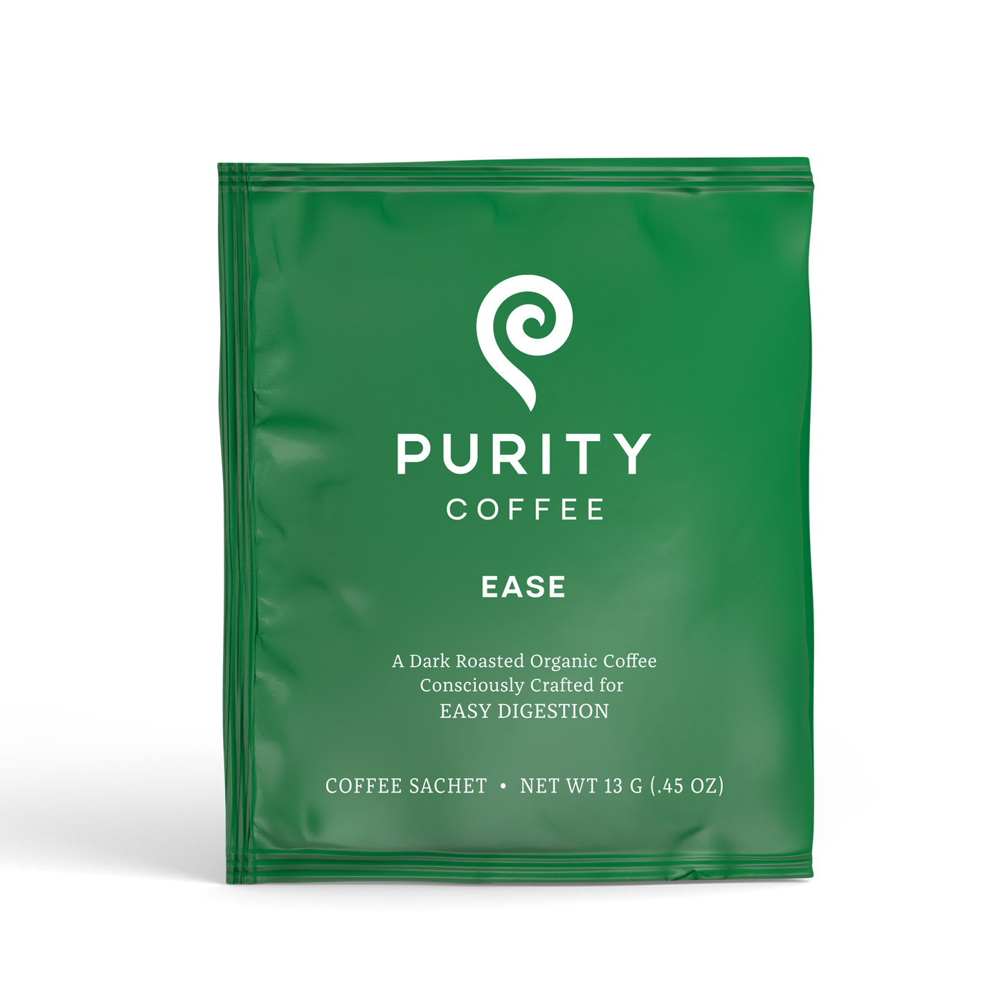 Purity Coffee showcases its "Ease" dark roast organic coffee sachet designed for easy digestion.