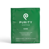 Purity Coffee showcases its "Ease" dark roast organic coffee sachet designed for easy digestion.