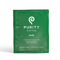 Purity Coffee showcases its "Ease" dark roast organic coffee sachet designed for easy digestion.