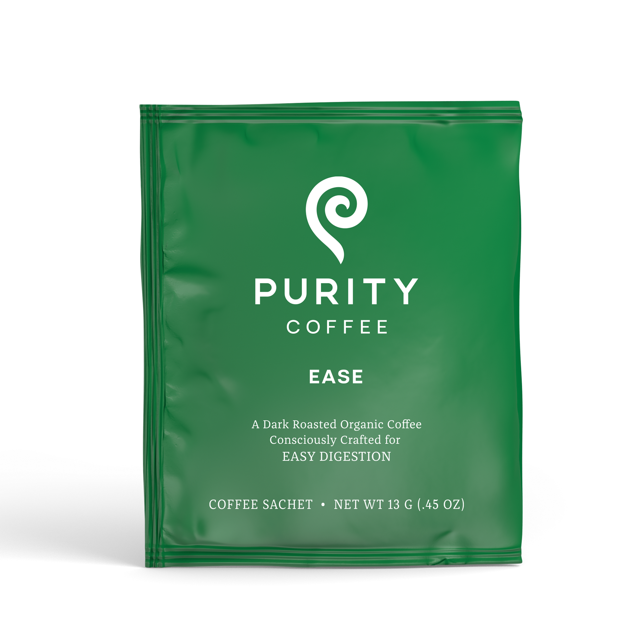 Purity Coffee showcases its "Ease" dark roast organic coffee sachet designed for easy digestion.