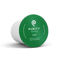 Purity Coffee showcases their Ease blend in a single-serve, recyclable capsule designed for easy digestion.
