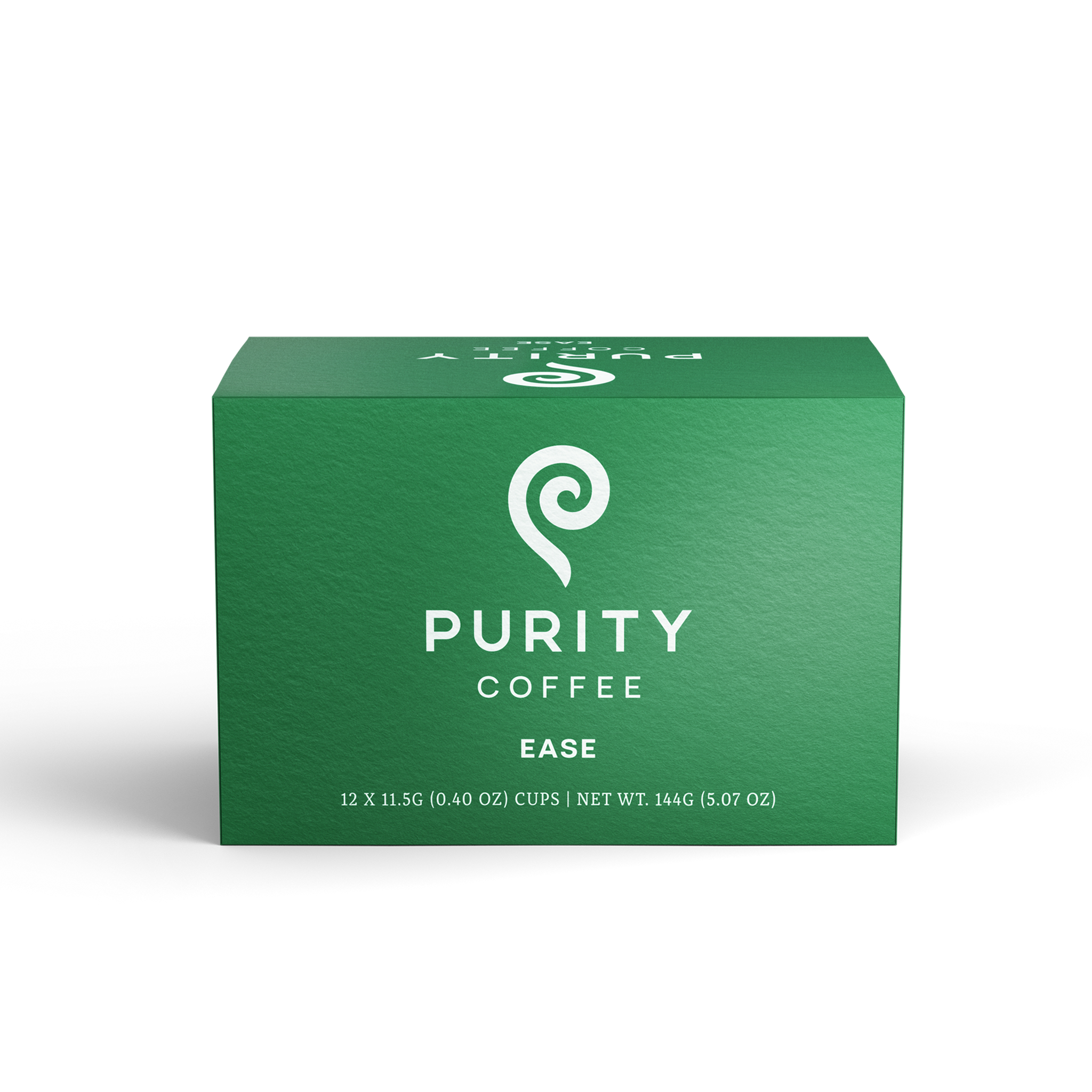 View a green box of Purity Coffee Ease pods, perfect for a smooth, flavorful cup.
