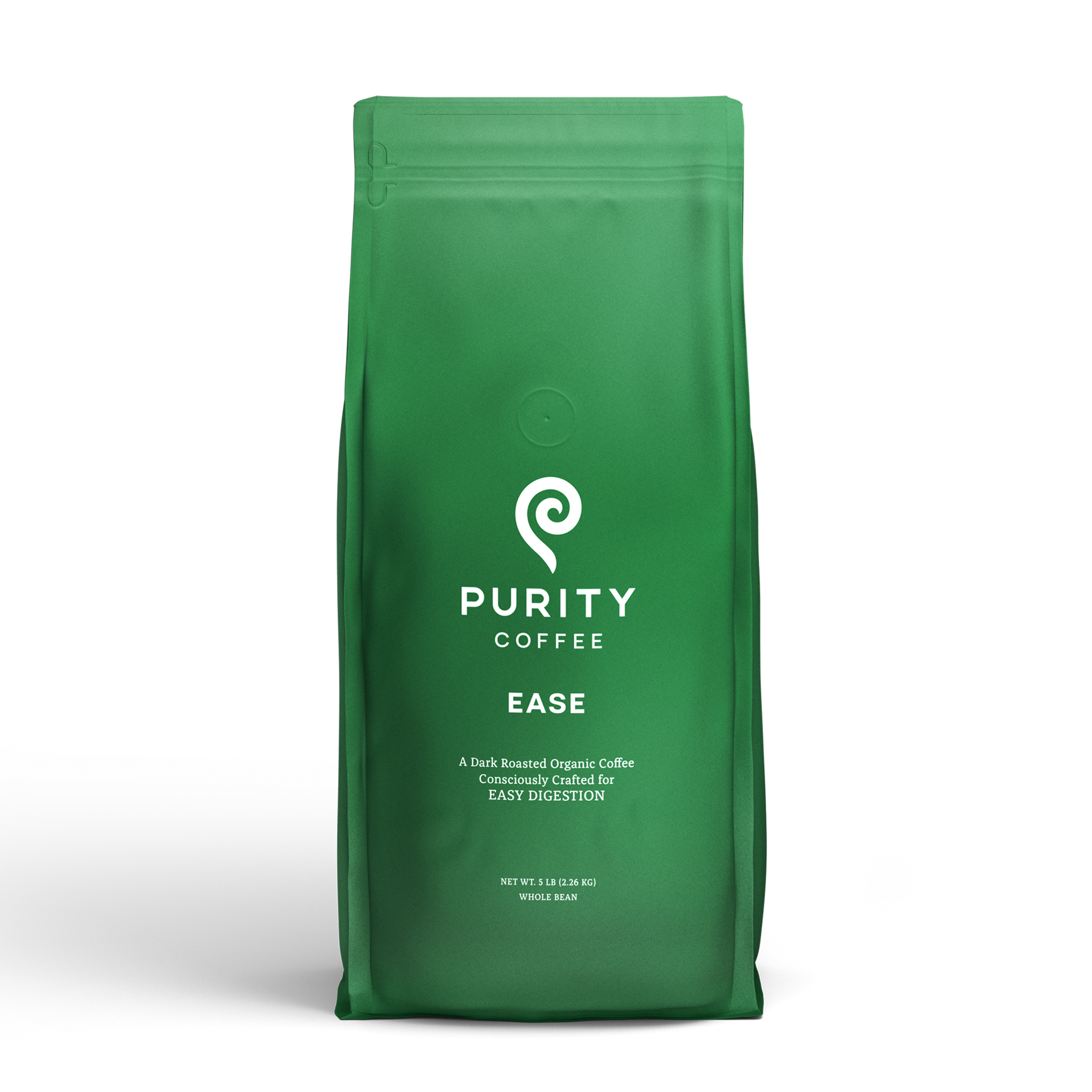 Purity Coffee sells their "Ease" blend, a dark roasted organic coffee crafted for easy digestion, in a green bag.
