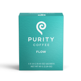 Purity Coffee advertises their "Flow" blend, presented in a box containing five individual sachets of premium coffee.
