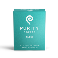 Purity Coffee advertises their "Flow" blend, presented in a box containing five individual sachets of premium coffee.
