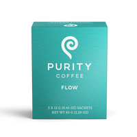 Purity Coffee advertises their "Flow" blend, presented in a box containing five individual sachets of premium coffee.
