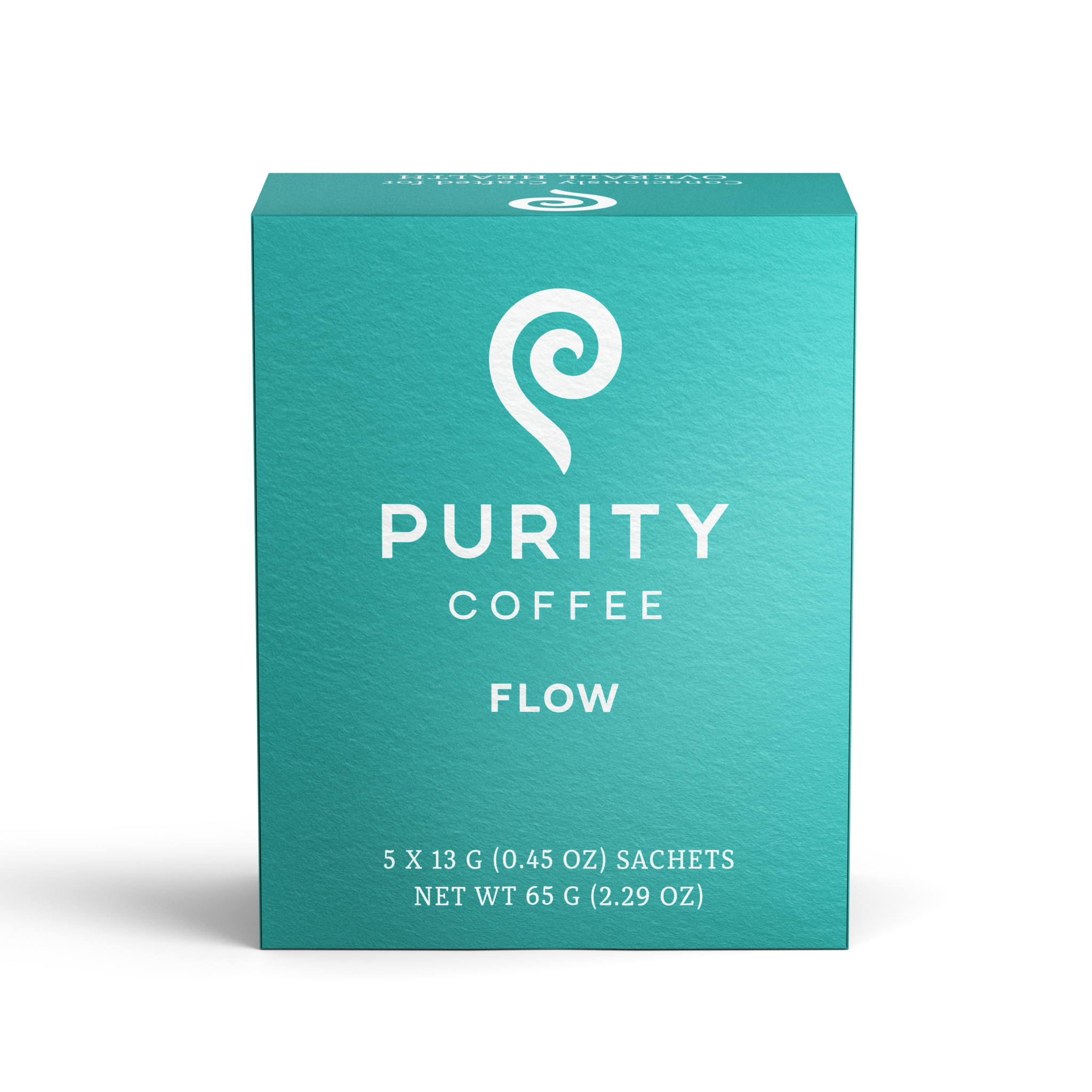 Purity Coffee advertises their "Flow" blend, presented in a box containing five individual sachets of premium coffee.
