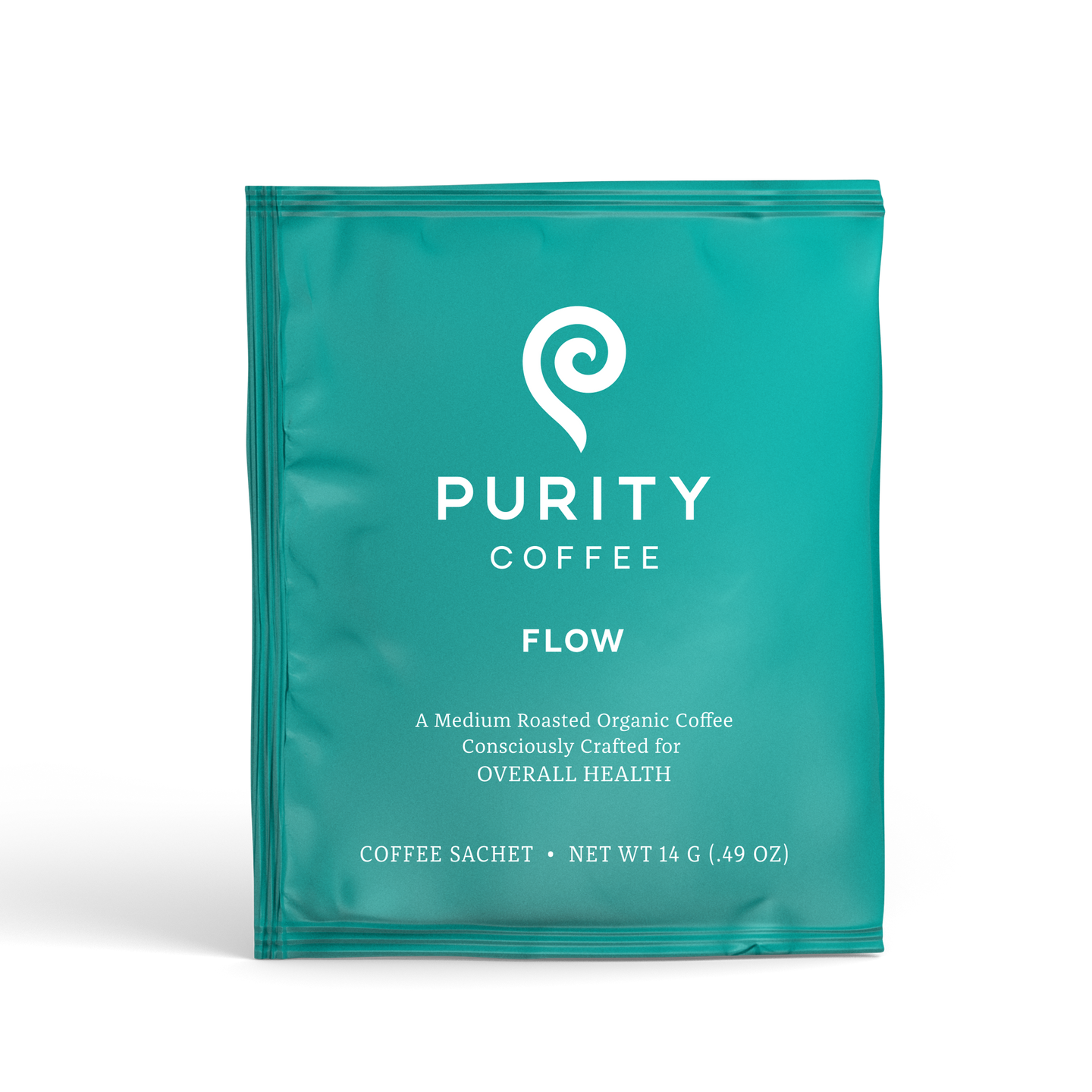 Purity Coffee's teal sachet contains medium-roasted organic coffee for overall health.
