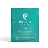 Purity Coffee's teal sachet contains medium-roasted organic coffee for overall health.
