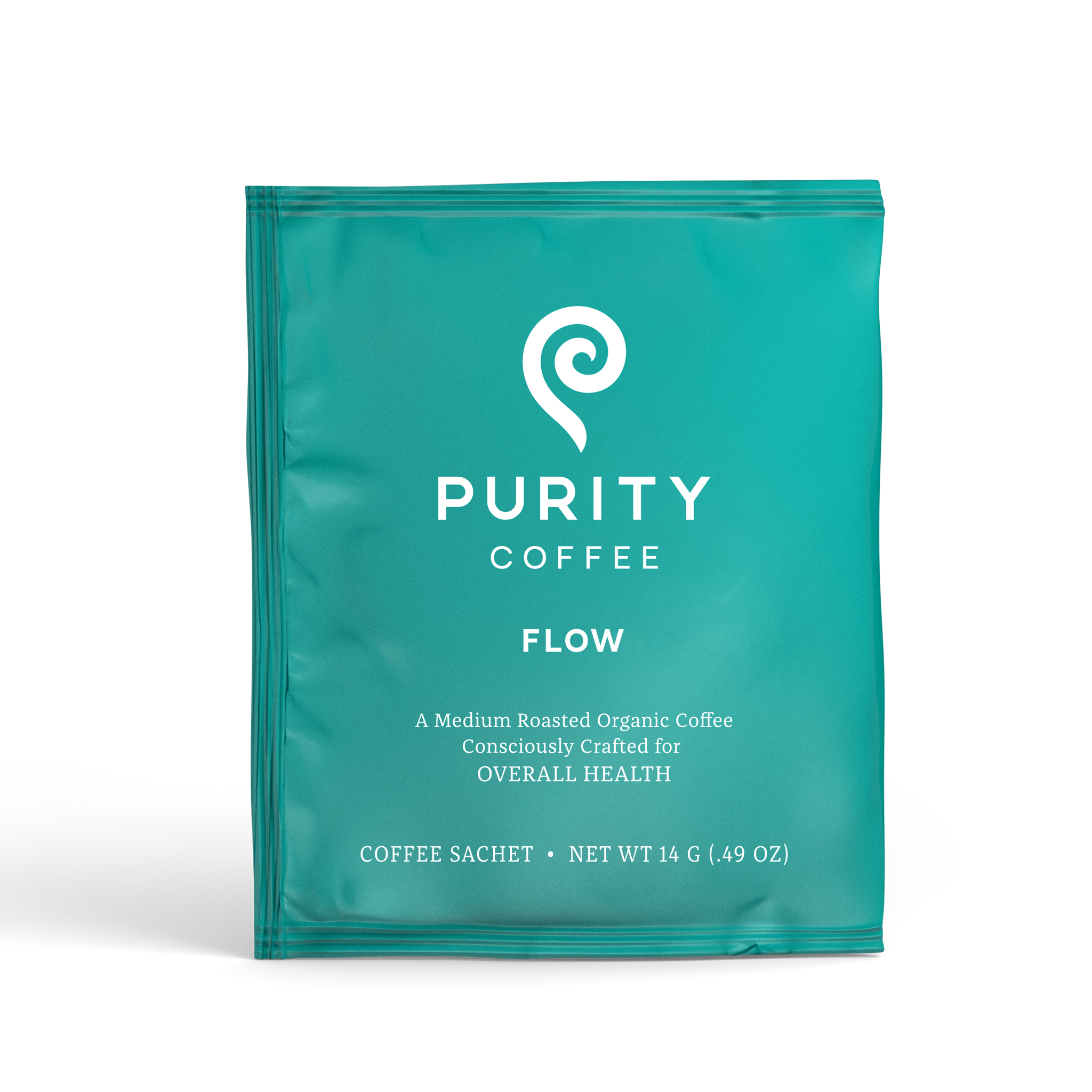 Purity Coffee's teal sachet contains medium-roasted organic coffee for overall health.
