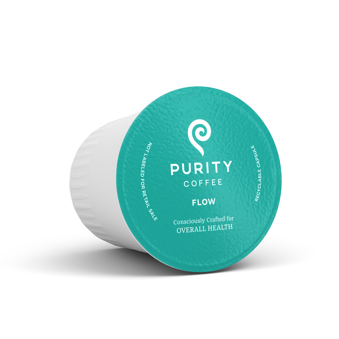 Purity Coffee showcases its teal, recyclable, single-serve coffee pod consciously crafted for overall health and flow.